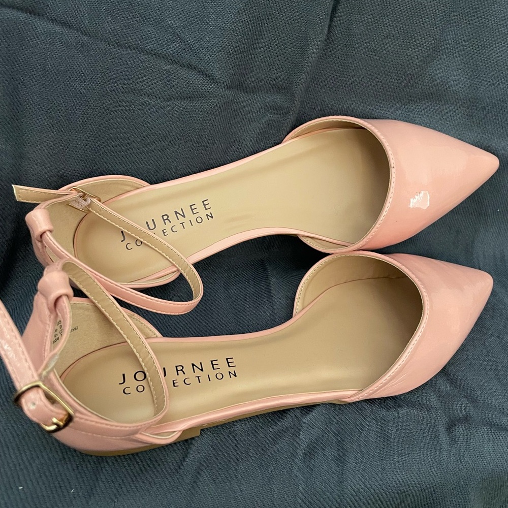 Journee Collection. Pink, ankle strap flats. Women’s size 9.